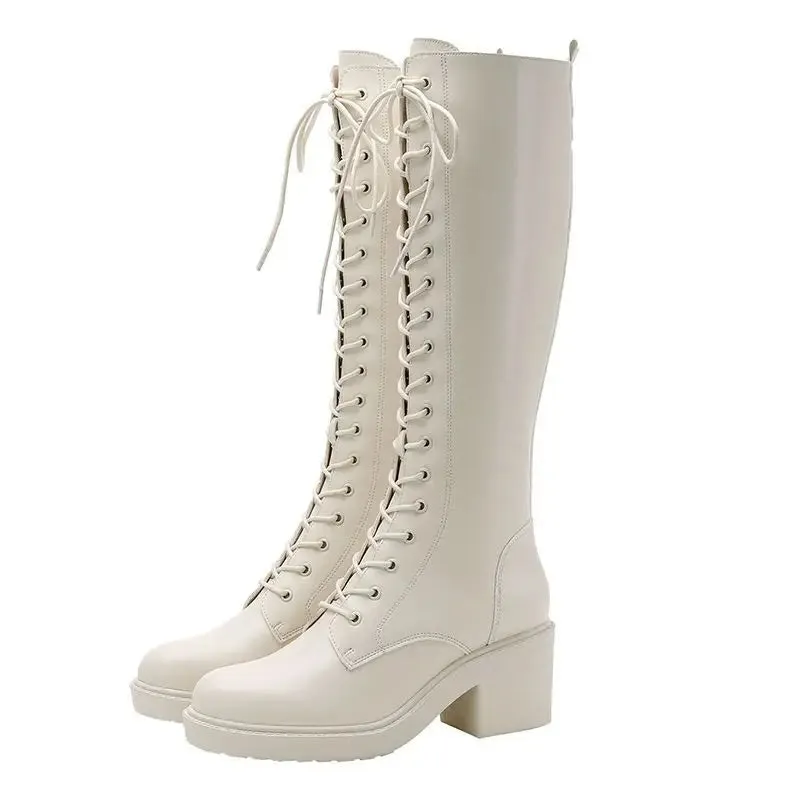 Sohiwoo Footwear Long Ladies Boots Elegant Heeled High Heels Shoes for Women Lace-up Winter Knee Shaft with Laces White Spring Autumn Pu