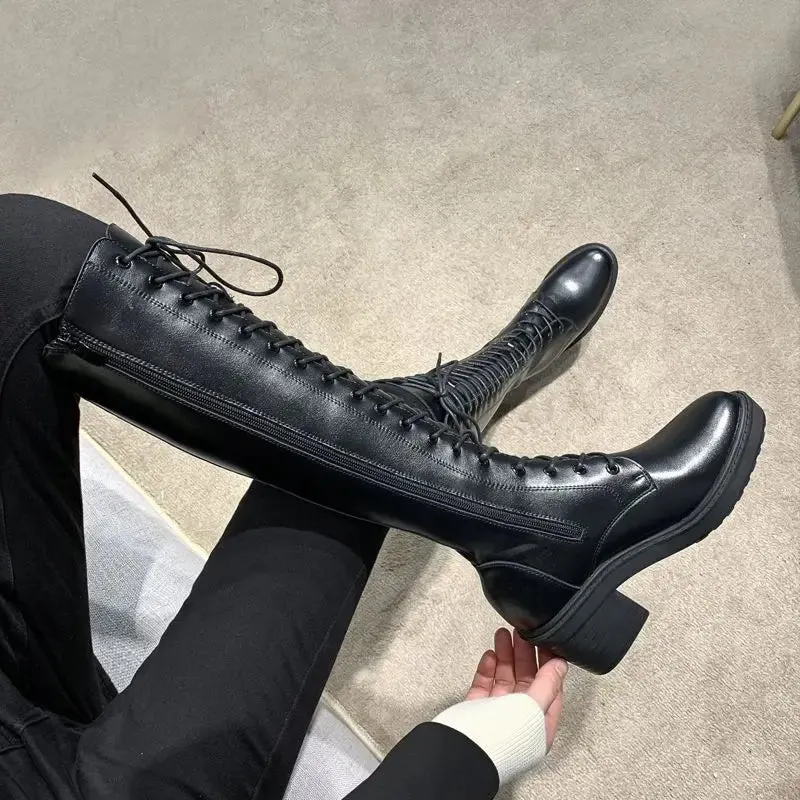 Sohiwoo Footwear Long Ladies Boots Elegant Heeled High Heels Shoes for Women Lace-up Winter Knee Shaft with Laces White Spring Autumn Pu