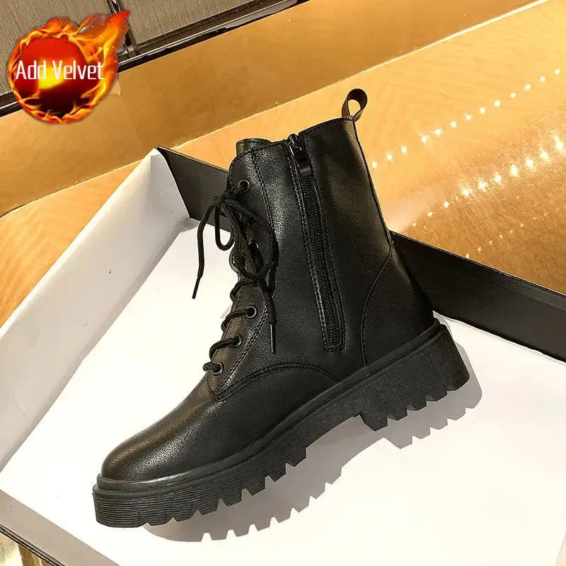 Sohiwoo Footwear White with Laces Booties Combat Punk Style Short Shoes for Women Lace-up Fur Female Ankle Boots Comfortable and Elegant