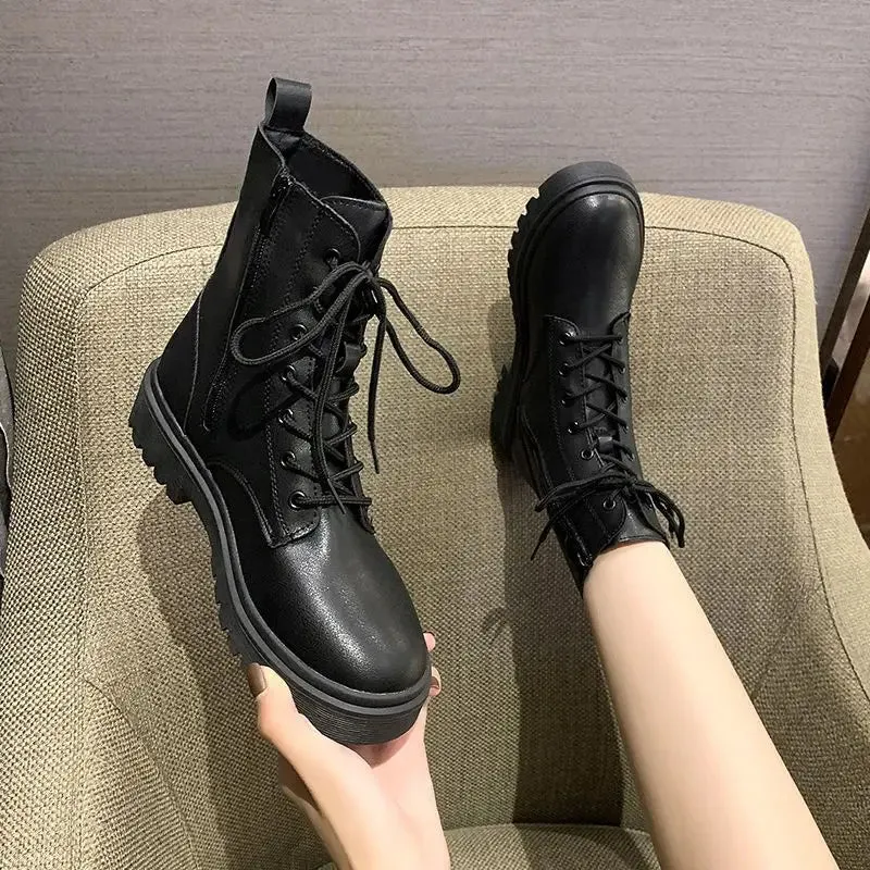 Sohiwoo Footwear White with Laces Booties Combat Punk Style Short Shoes for Women Lace-up Fur Female Ankle Boots Comfortable and Elegant