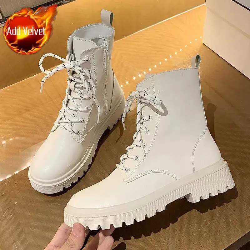 Sohiwoo Footwear White with Laces Booties Combat Punk Style Short Shoes for Women Lace-up Fur Female Ankle Boots Comfortable and Elegant