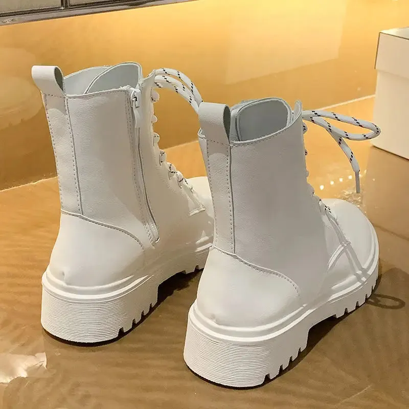 Sohiwoo Footwear White with Laces Booties Combat Punk Style Short Shoes for Women Lace-up Fur Female Ankle Boots Comfortable and Elegant