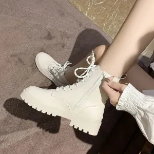 Sohiwoo Footwear White with Laces Booties Combat Punk Style Short Shoes for Women Lace-up Fur Female Ankle Boots Comfortable and Elegant