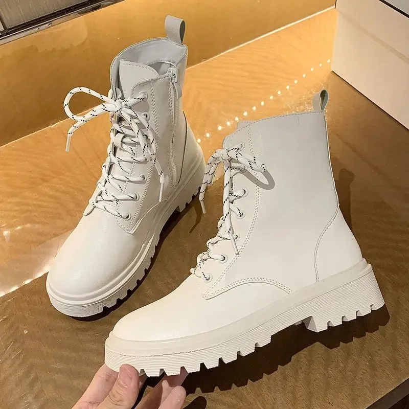 Sohiwoo Footwear White with Laces Booties Combat Punk Style Short Shoes for Women Lace-up Fur Female Ankle Boots Comfortable and Elegant