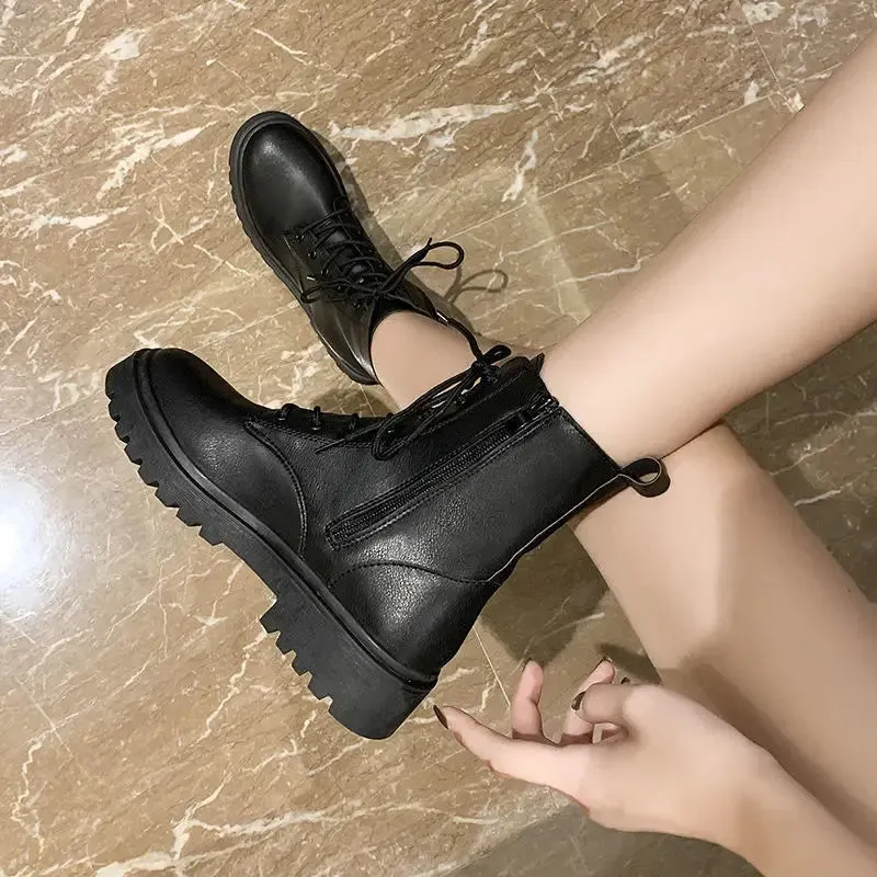 Sohiwoo Footwear White with Laces Booties Combat Punk Style Short Shoes for Women Lace-up Fur Female Ankle Boots Comfortable and Elegant