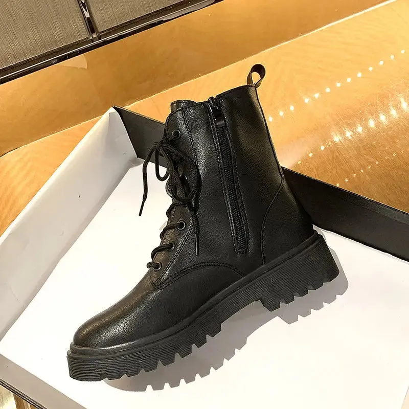 Sohiwoo Footwear White with Laces Booties Combat Punk Style Short Shoes for Women Lace-up Fur Female Ankle Boots Comfortable and Elegant