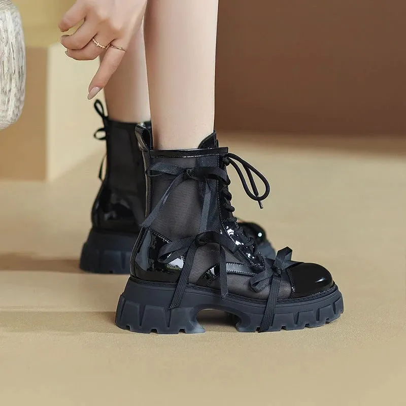 Sohiwoo Footwear With Laces Booties Round Toe Female Ankle Boots Mesh Sandals Short Shoes For Women Lace-up On Offer Korean Style PU Leather