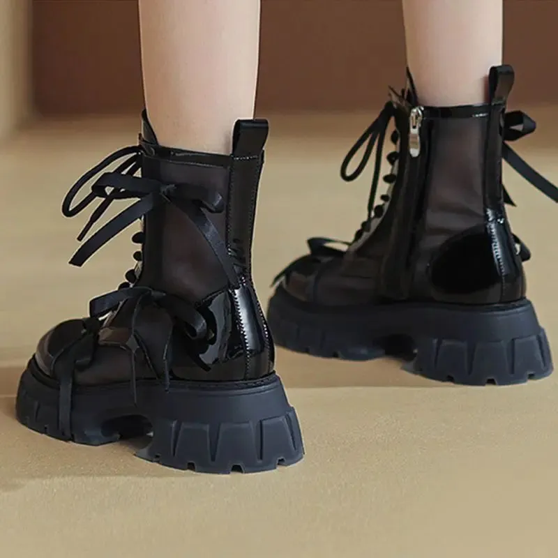 Sohiwoo Footwear With Laces Booties Round Toe Female Ankle Boots Mesh Sandals Short Shoes For Women Lace-up On Offer Korean Style PU Leather