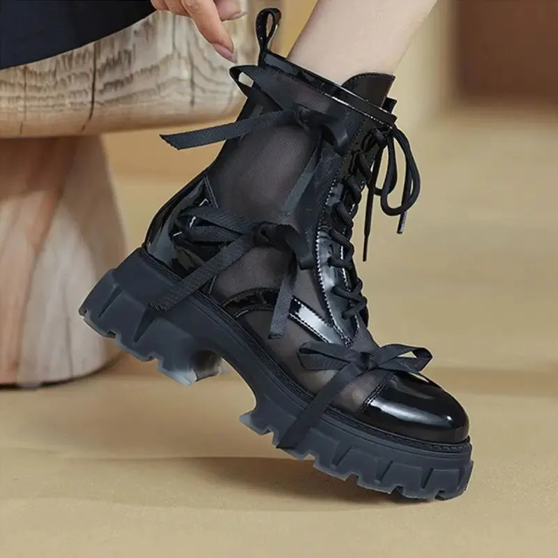 Sohiwoo Footwear With Laces Booties Round Toe Female Ankle Boots Mesh Sandals Short Shoes For Women Lace-up On Offer Korean Style PU Leather