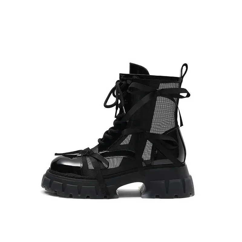 Sohiwoo Footwear With Laces Booties Round Toe Female Ankle Boots Mesh Sandals Short Shoes For Women Lace-up On Offer Korean Style PU Leather