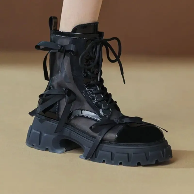 Sohiwoo Footwear With Laces Booties Round Toe Female Ankle Boots Mesh Sandals Short Shoes For Women Lace-up On Offer Korean Style PU Leather