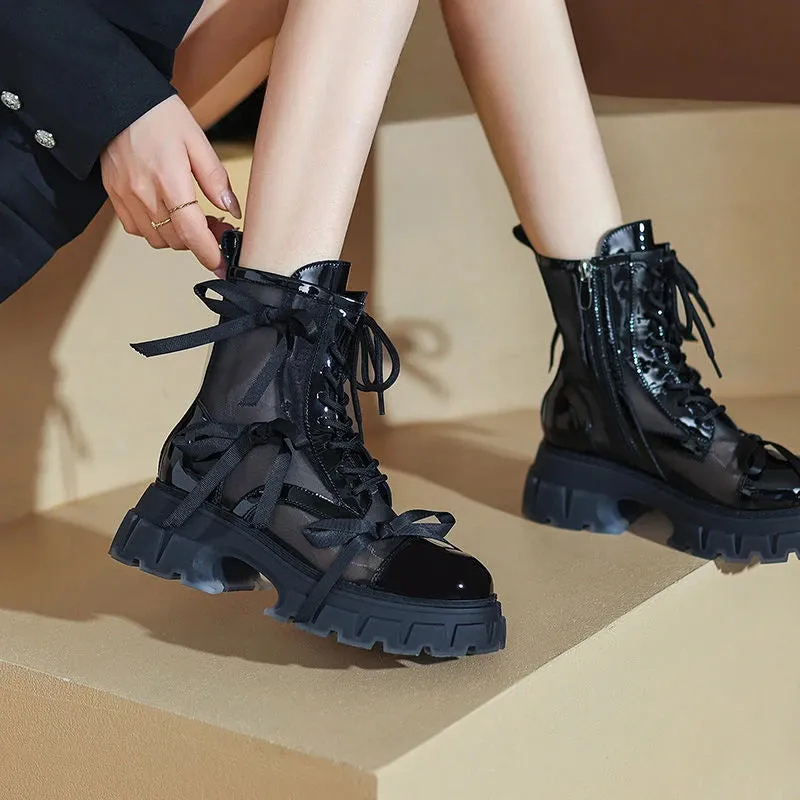 Sohiwoo Footwear With Laces Booties Round Toe Female Ankle Boots Mesh Sandals Short Shoes For Women Lace-up On Offer Korean Style PU Leather