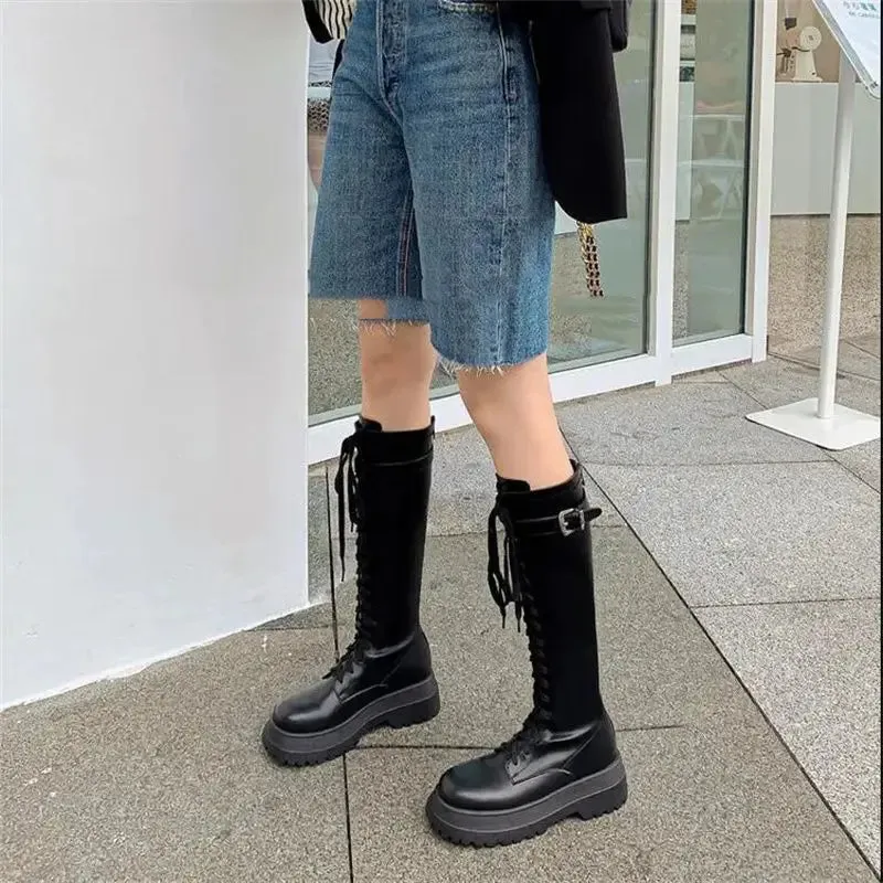 Sohiwoo Ladies Boots Platform Punk Footwear Lace-up Biker Shoes For Women Western With Laces High Quality Pu On Offer Elegant Classy Y2k