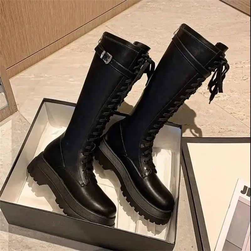 Sohiwoo Ladies Boots Platform Punk Footwear Lace-up Biker Shoes For Women Western With Laces High Quality Pu On Offer Elegant Classy Y2k