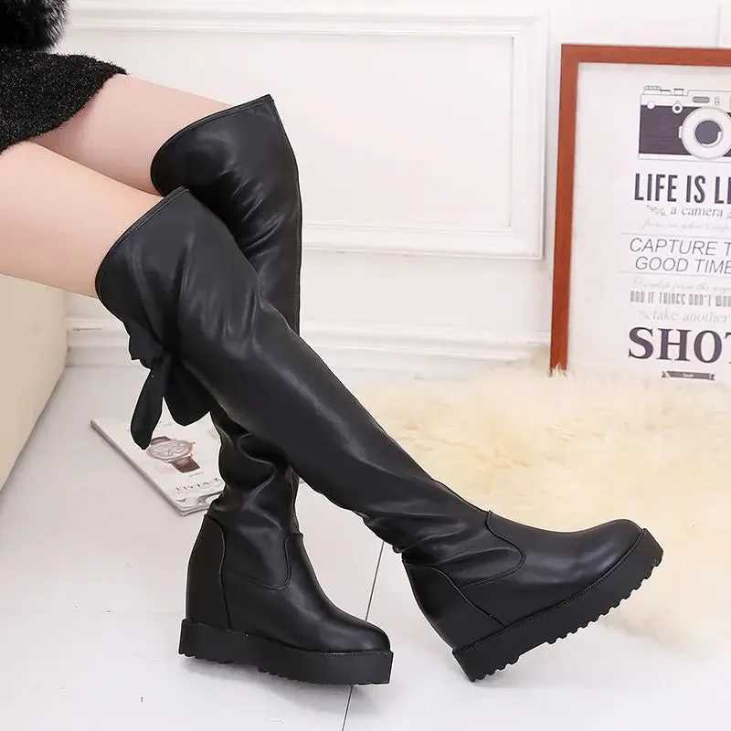 Sohiwoo Ladies Boots Thigh High Heels Winter Footwear Above Over The Knee Shoes for Women Elegant Heeled Wedge Heel Elastic Y2k Goth Hot