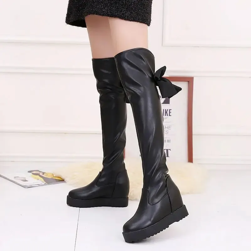 Sohiwoo Ladies Boots Thigh High Heels Winter Footwear Above Over The Knee Shoes for Women Elegant Heeled Wedge Heel Elastic Y2k Goth Hot
