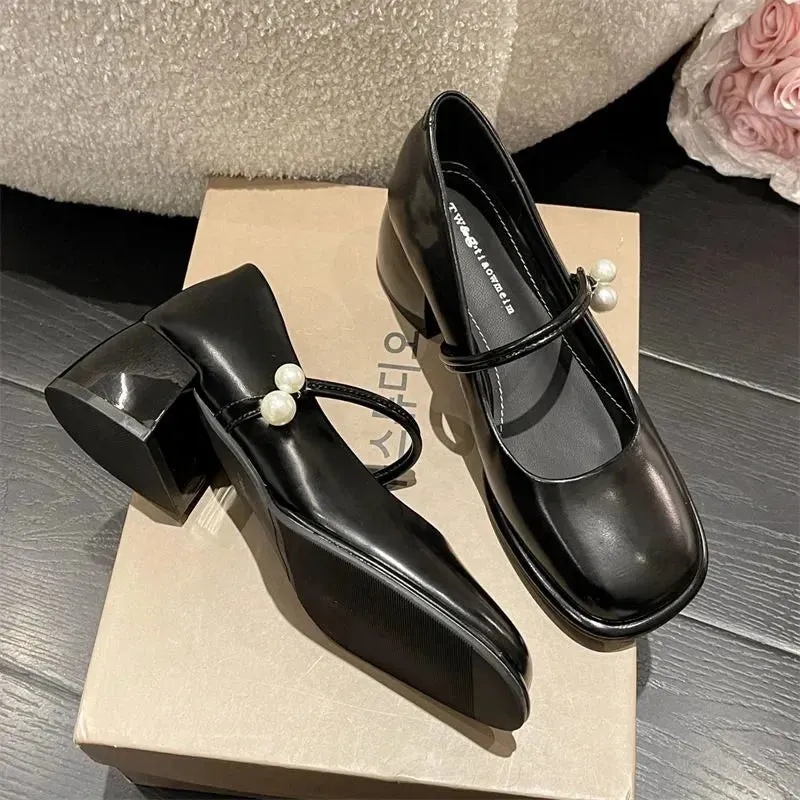 Sohiwoo Ladies Summer Footwear Mary Jane Shoes for Women 2024 with Medium Heels Japanese Style Lolita Pearl Square Toe Gothic White Y2k