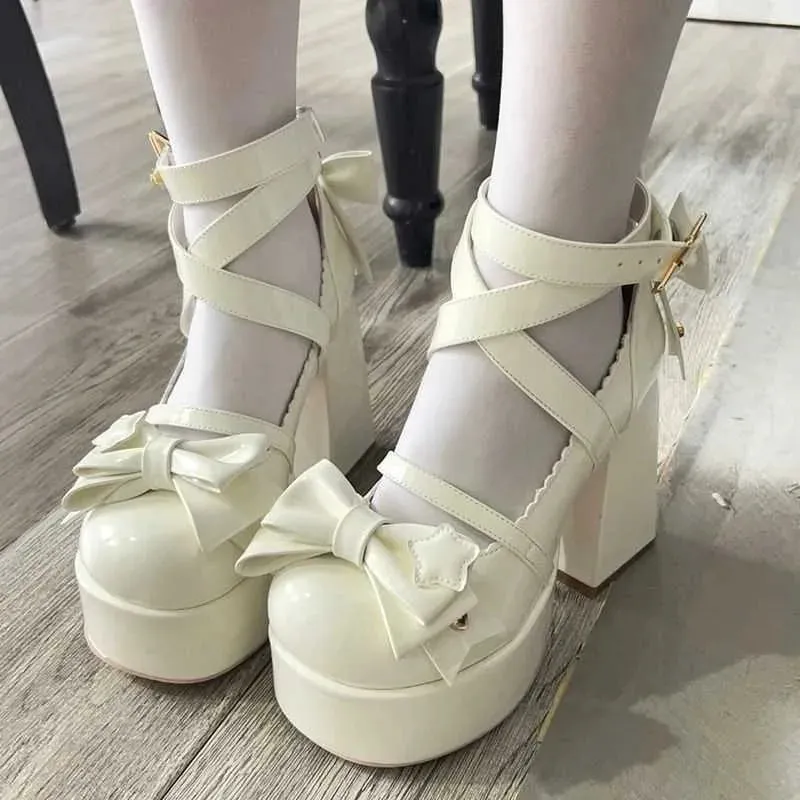 Sohiwoo Lolita Shoes Women Mary Janes High Heels Shoes Chunky Sandals Summer Fashion Retro Bow Party Platform Pumps