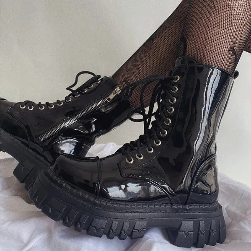 Sohiwoo Short Shoes for Woman Combat Booties Punk Style Footwear Waterproof Women's Ankle Boots with Laces Lace-up Biker New Rock In Y2k