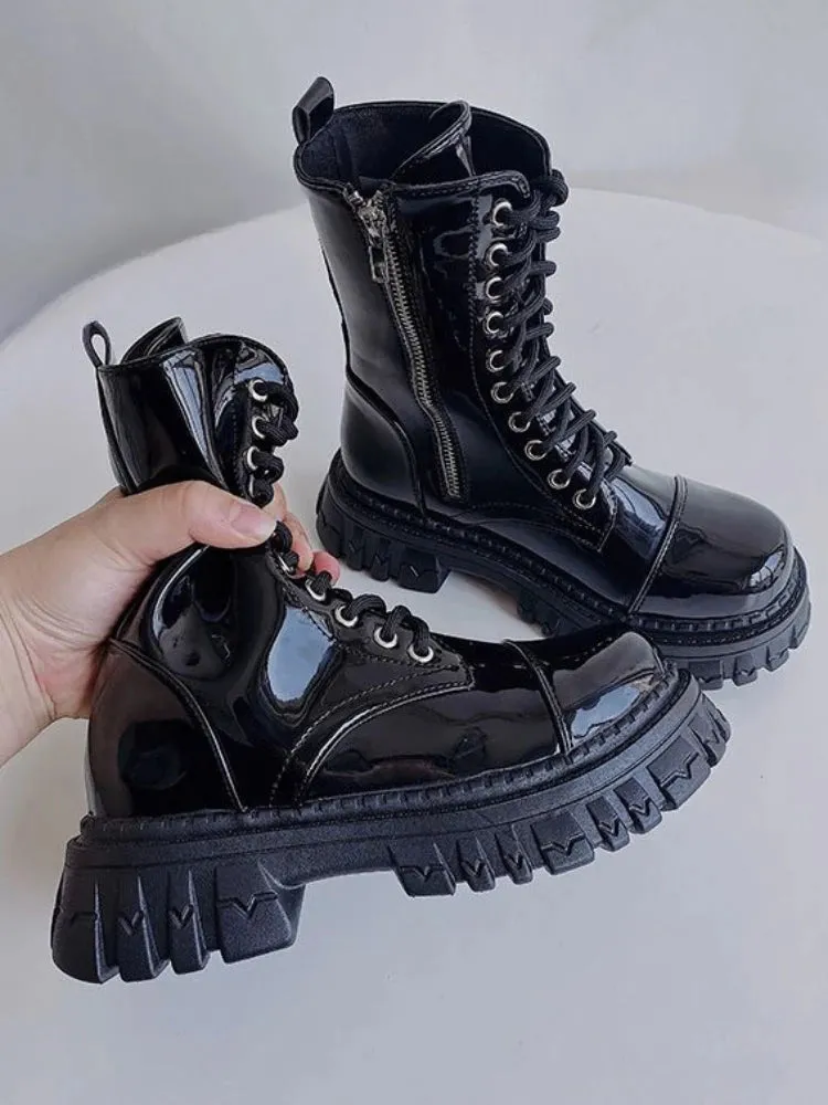 Sohiwoo Short Shoes for Woman Combat Booties Punk Style Footwear Waterproof Women's Ankle Boots with Laces Lace-up Biker New Rock In Y2k