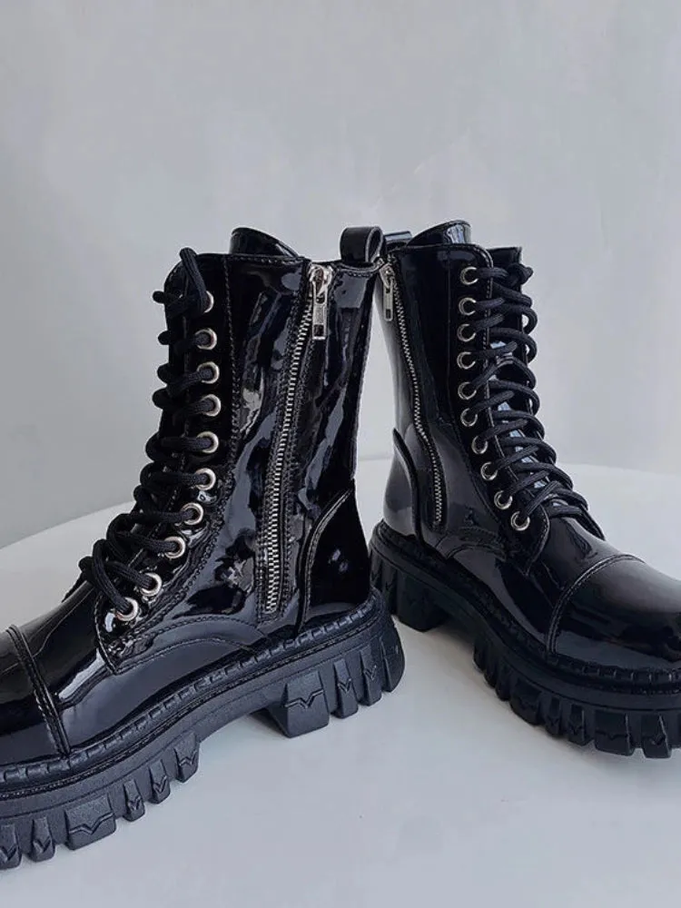 Sohiwoo Short Shoes for Woman Combat Booties Punk Style Footwear Waterproof Women's Ankle Boots with Laces Lace-up Biker New Rock In Y2k