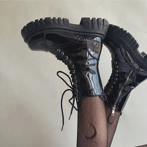 Sohiwoo Short Shoes for Woman Combat Booties Punk Style Footwear Waterproof Women's Ankle Boots with Laces Lace-up Biker New Rock In Y2k