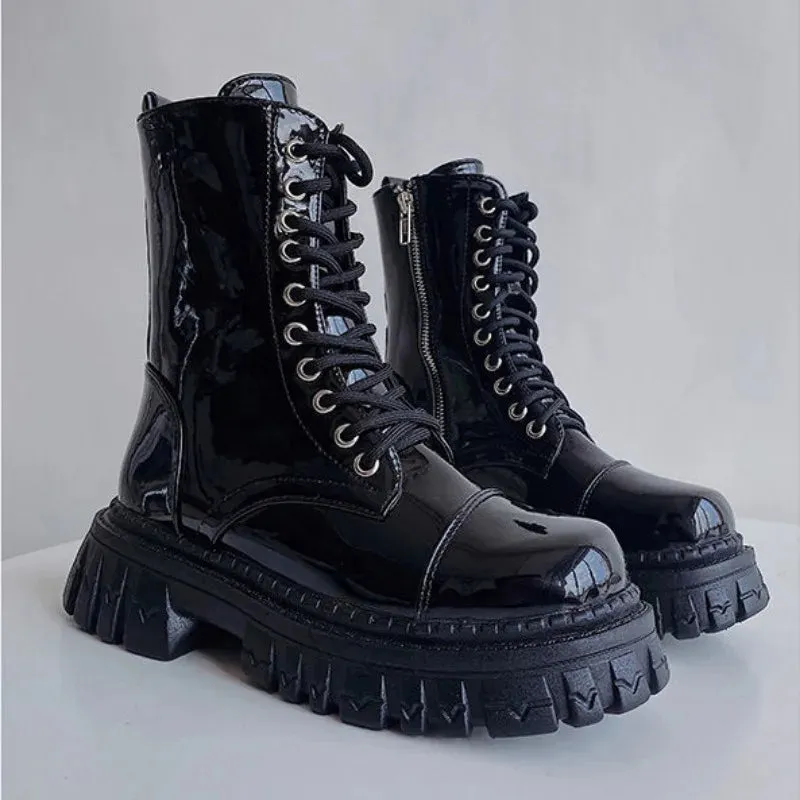 Sohiwoo Short Shoes for Woman Combat Booties Punk Style Footwear Waterproof Women's Ankle Boots with Laces Lace-up Biker New Rock In Y2k