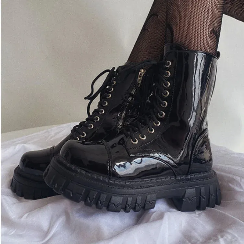 Sohiwoo Short Shoes for Woman Combat Booties Punk Style Footwear Waterproof Women's Ankle Boots with Laces Lace-up Biker New Rock In Y2k