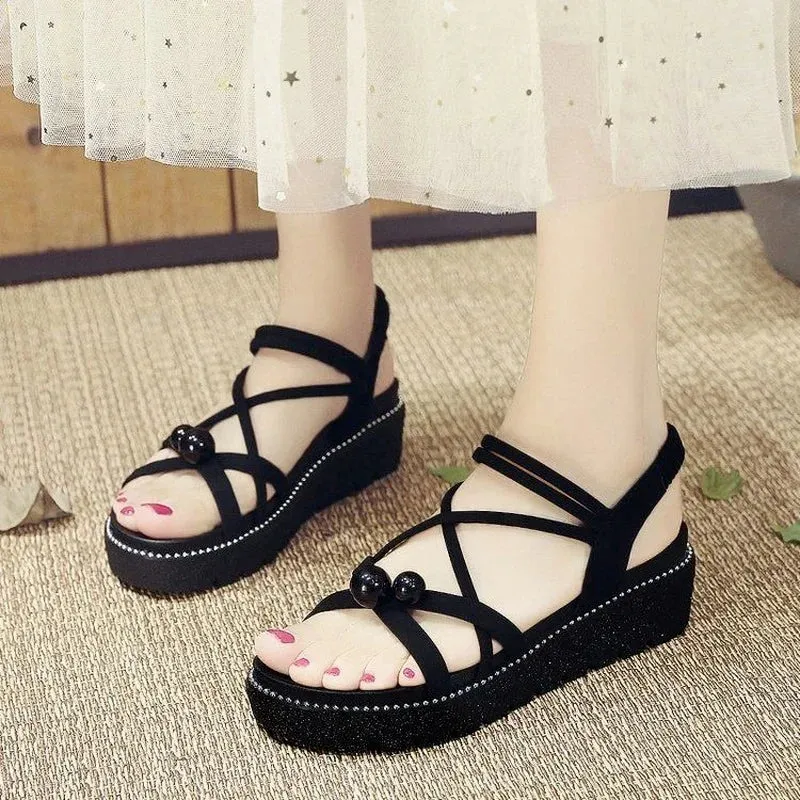Sohiwoo Wedges Shoes for Women Elegant Platform Sandal Medium Heel Comfortable Beach Roman Women's Wedge Sandals Summer Black Green