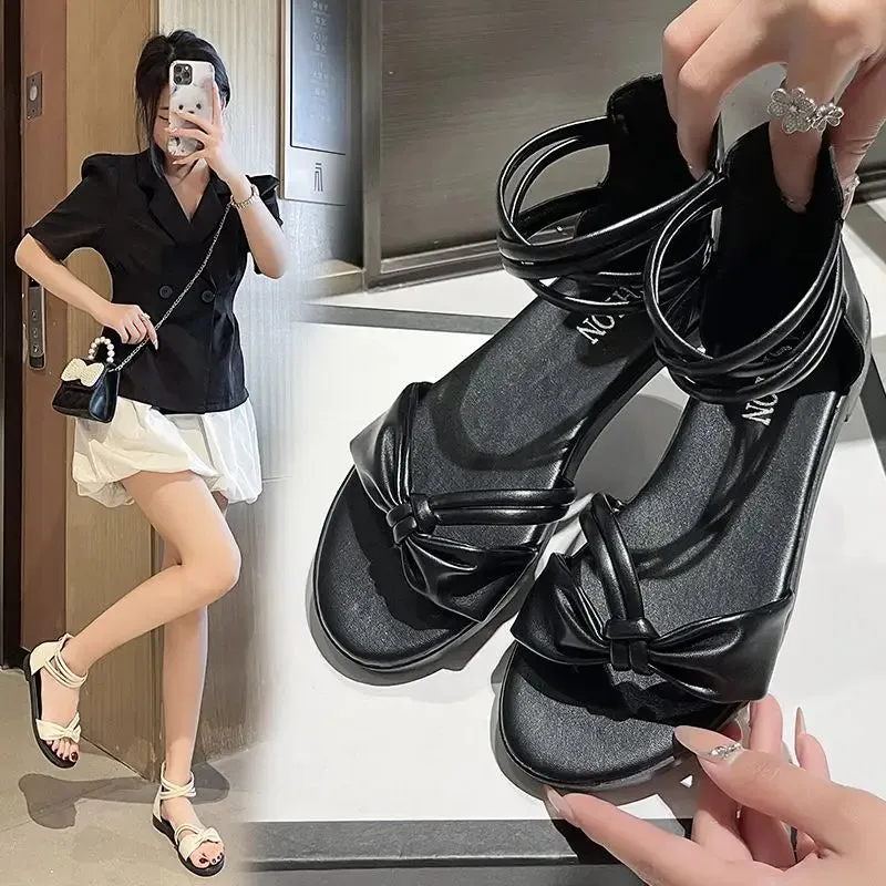 Sohiwoo Women's Shoes Summer with Strap Sandals for Woman Roman Style Footwear Beach No Heel Flat Rubber New Breathable Fashion H F