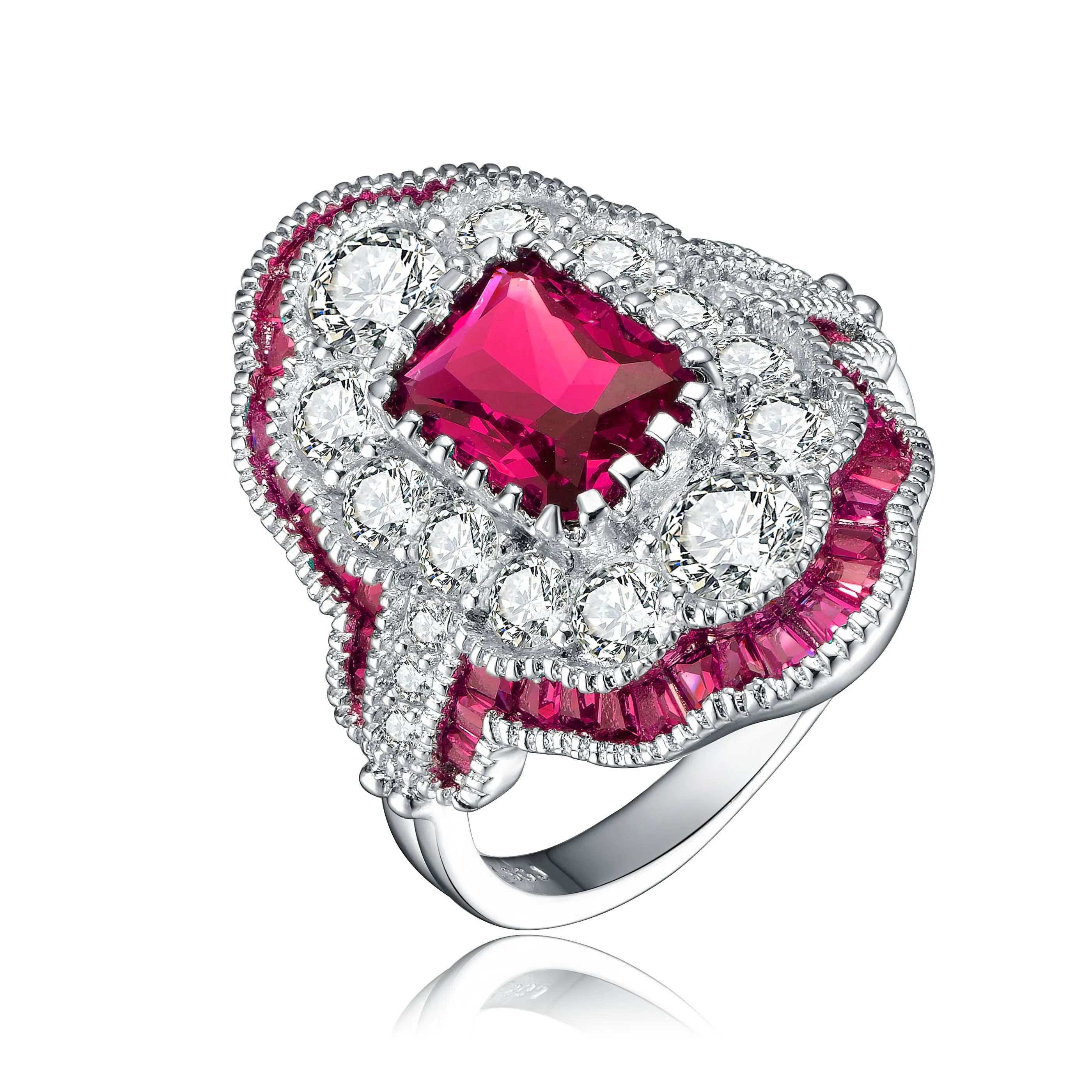 Sterling Silver Radiant and Baguette Cubic Zirconia Coctail Ring