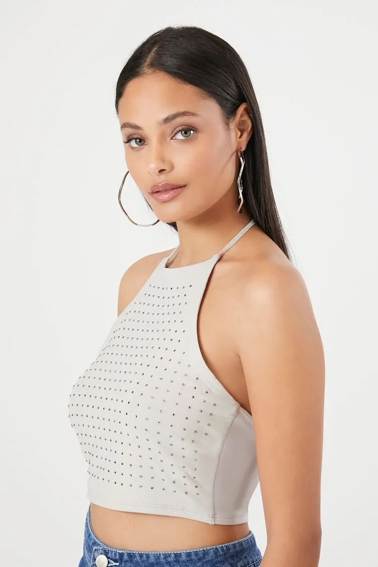 Studded Mesh Halter Crop Top