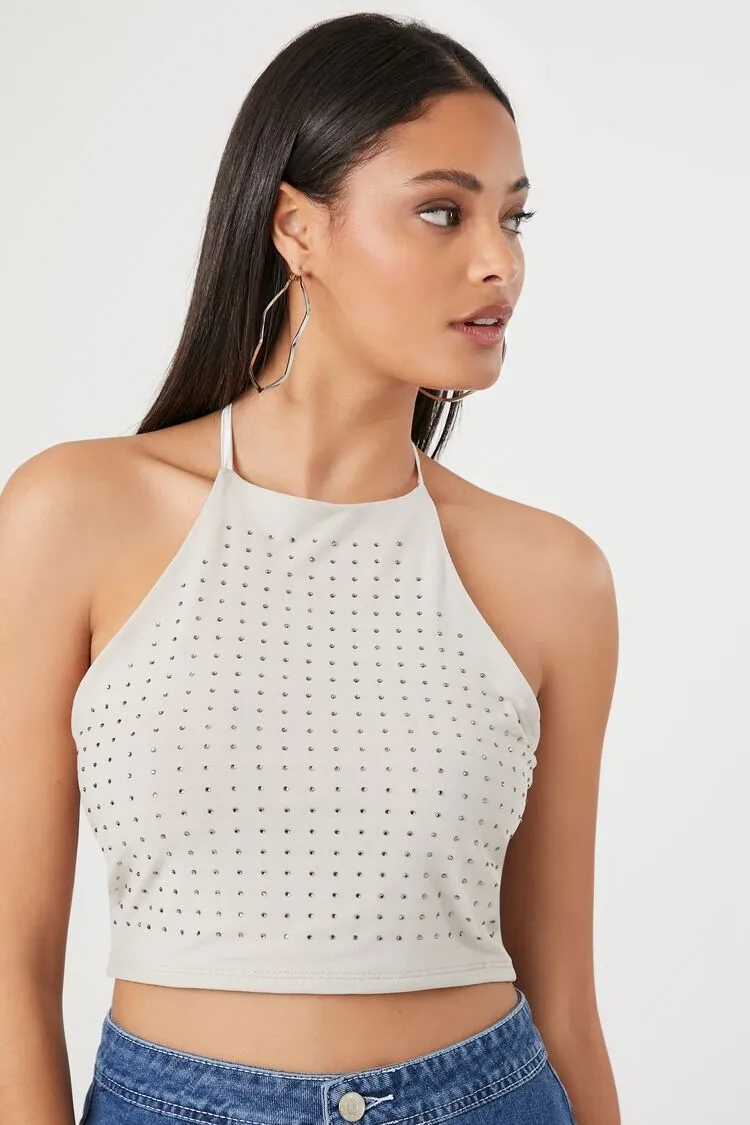 Studded Mesh Halter Crop Top