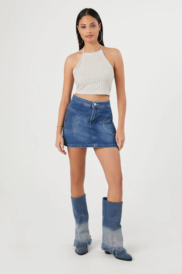 Studded Mesh Halter Crop Top