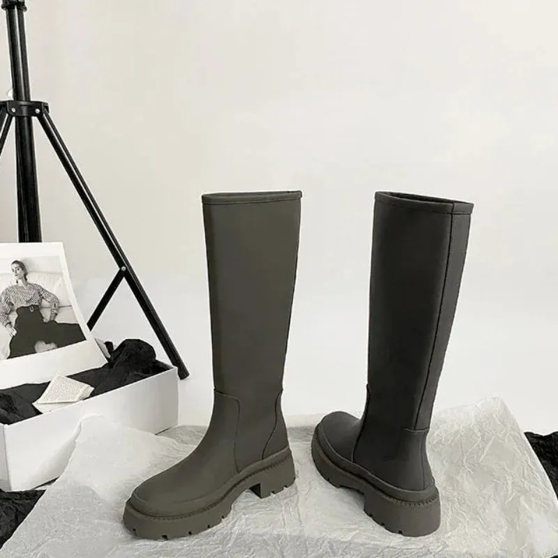 TAVIMART  -  Black Middle Heel Winter Knee High Shaft Footwear Shoes for Woman Long Women's Boots Round Toe Cosplay Goth Fashion 2024 Gothic