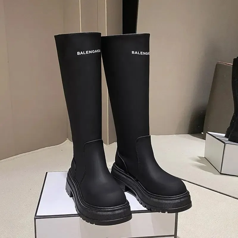 TAVIMART  -  Black Middle Heel Winter Knee High Shaft Footwear Shoes for Woman Long Women's Boots Round Toe Cosplay Goth Fashion 2024 Gothic