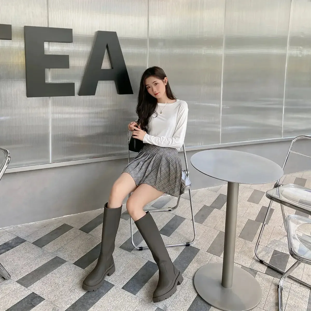 TAVIMART  -  Black Middle Heel Winter Knee High Shaft Footwear Shoes for Woman Long Women's Boots Round Toe Cosplay Goth Fashion 2024 Gothic