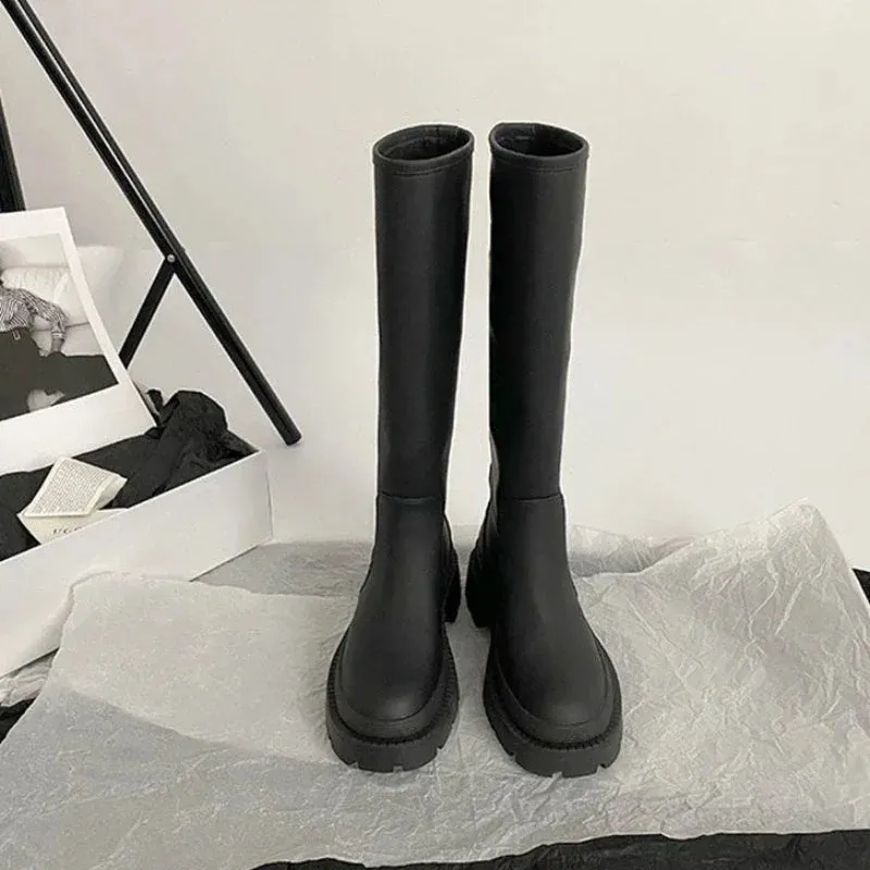 TAVIMART  -  Black Middle Heel Winter Knee High Shaft Footwear Shoes for Woman Long Women's Boots Round Toe Cosplay Goth Fashion 2024 Gothic