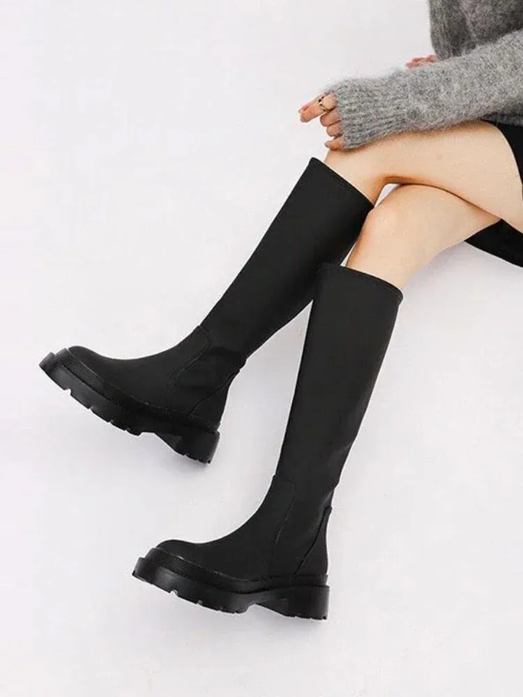 TAVIMART  -  Black Middle Heel Winter Knee High Shaft Footwear Shoes for Woman Long Women's Boots Round Toe Cosplay Goth Fashion 2024 Gothic