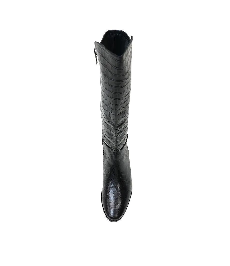 Tetley Black Croc Leather Knee High Boots
