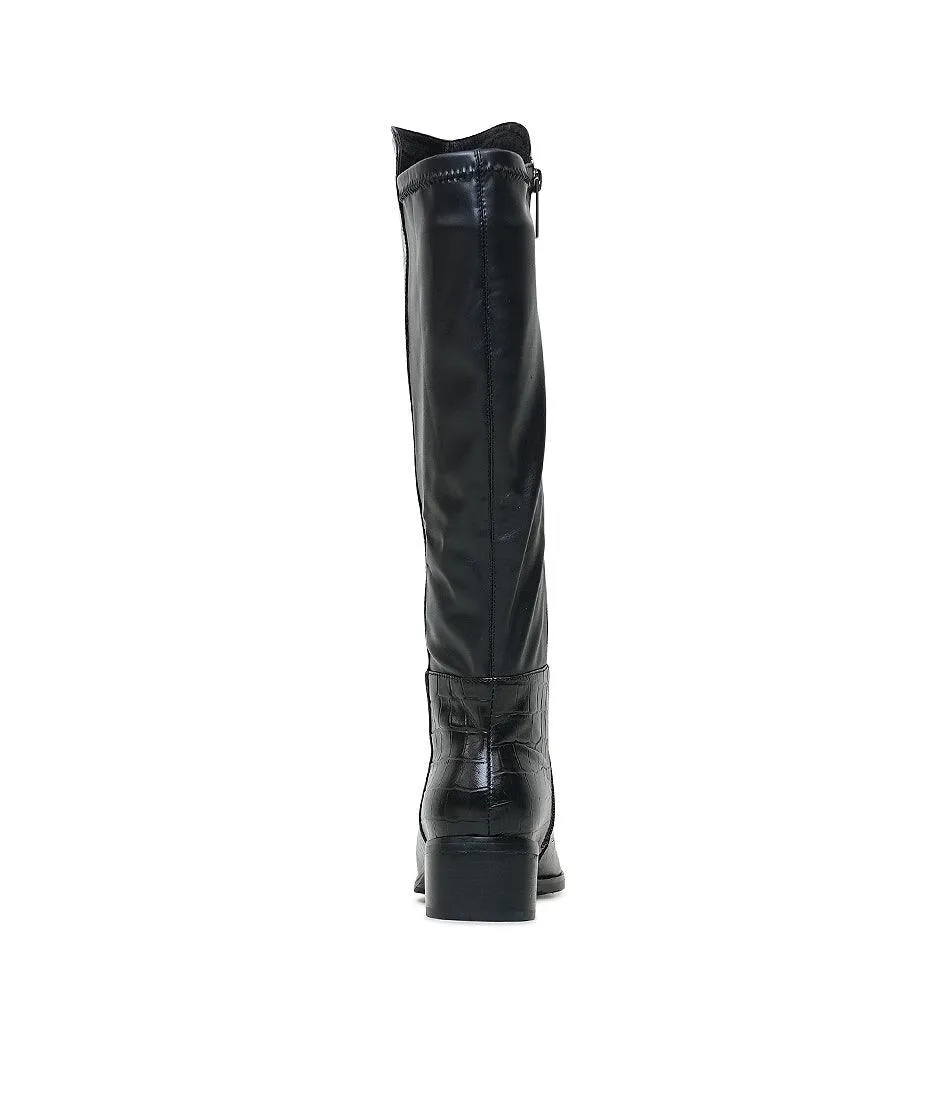 Tetley Black Croc Leather Knee High Boots