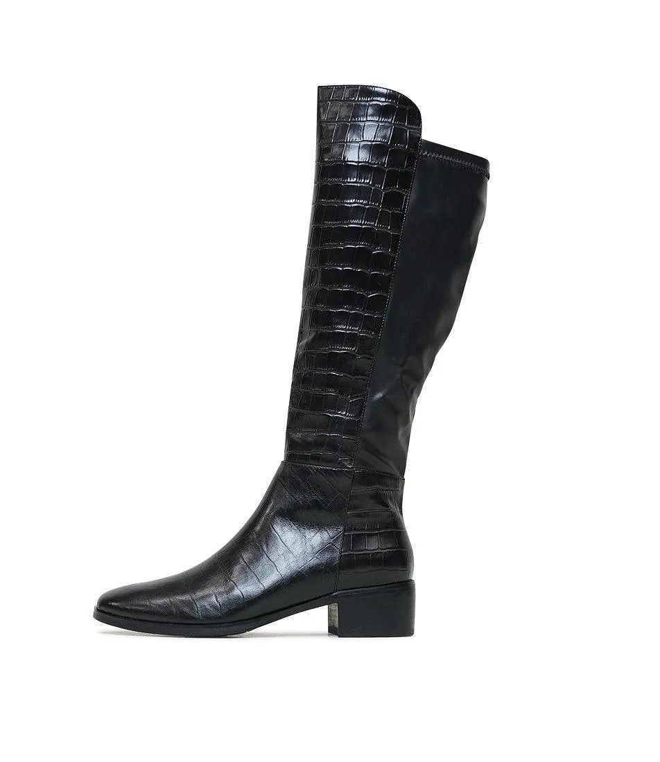 Tetley Black Croc Leather Knee High Boots