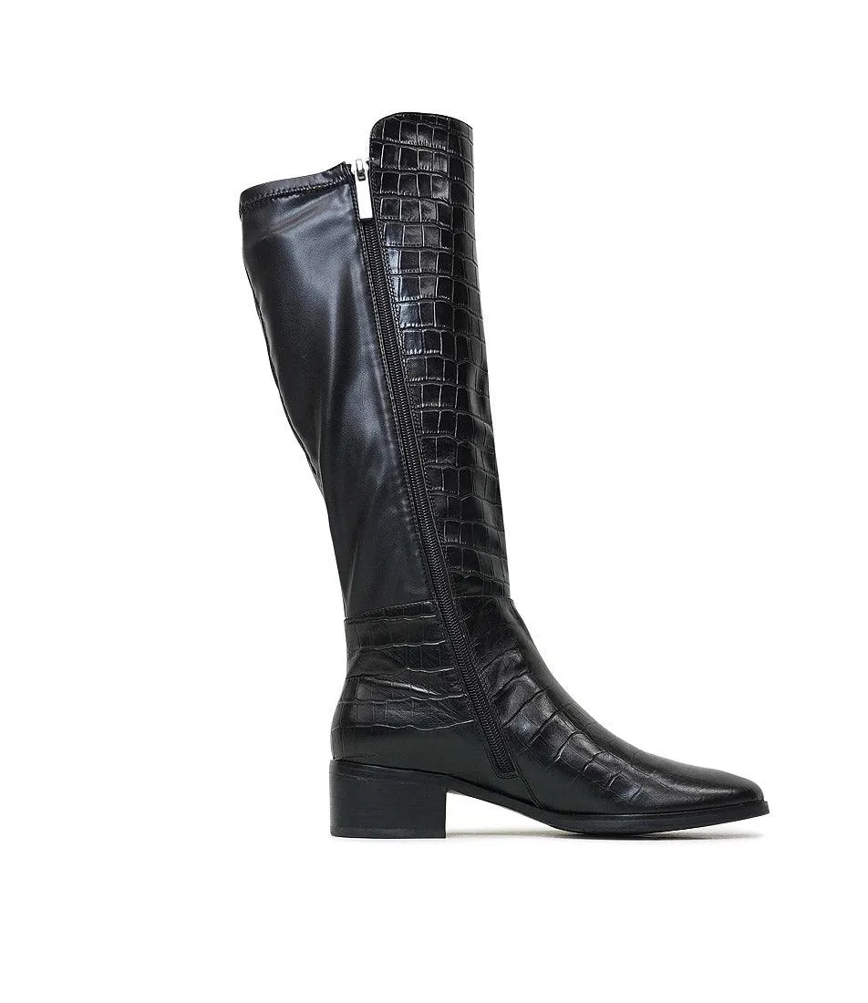 Tetley Black Croc Leather Knee High Boots