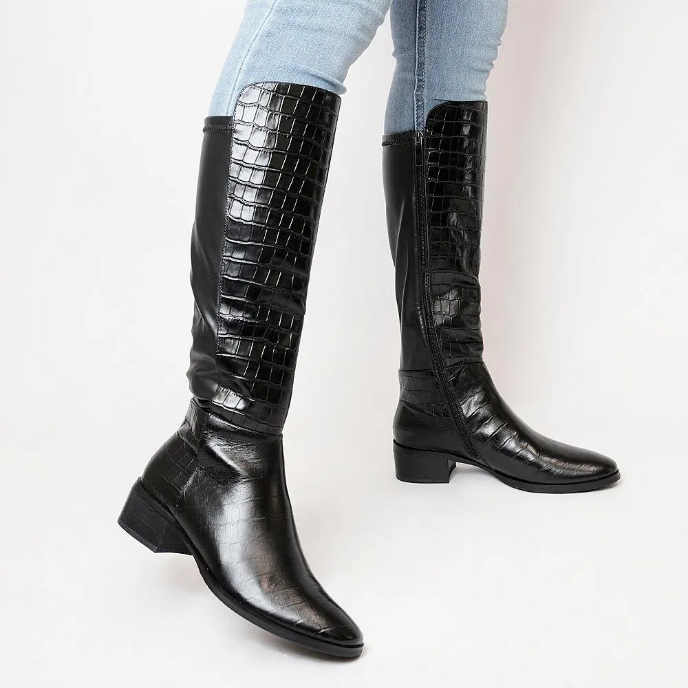 Tetley Black Croc Leather Knee High Boots