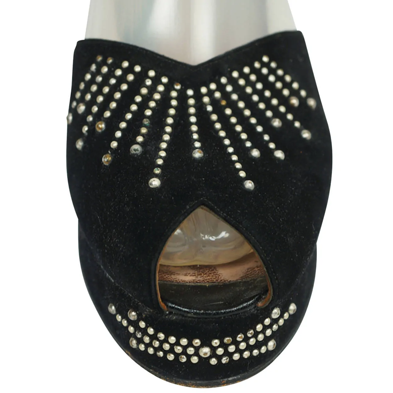 Vintage 1940s Swing Shoes Platform Style Peep Toe Pearl Jewelled Black Suede 8  