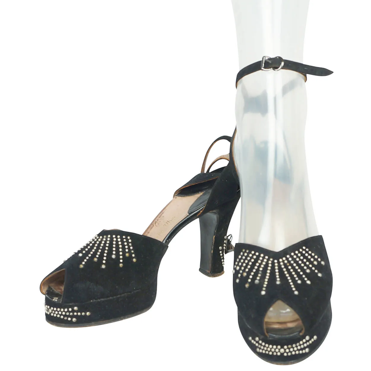 Vintage 1940s Swing Shoes Platform Style Peep Toe Pearl Jewelled Black Suede 8  
