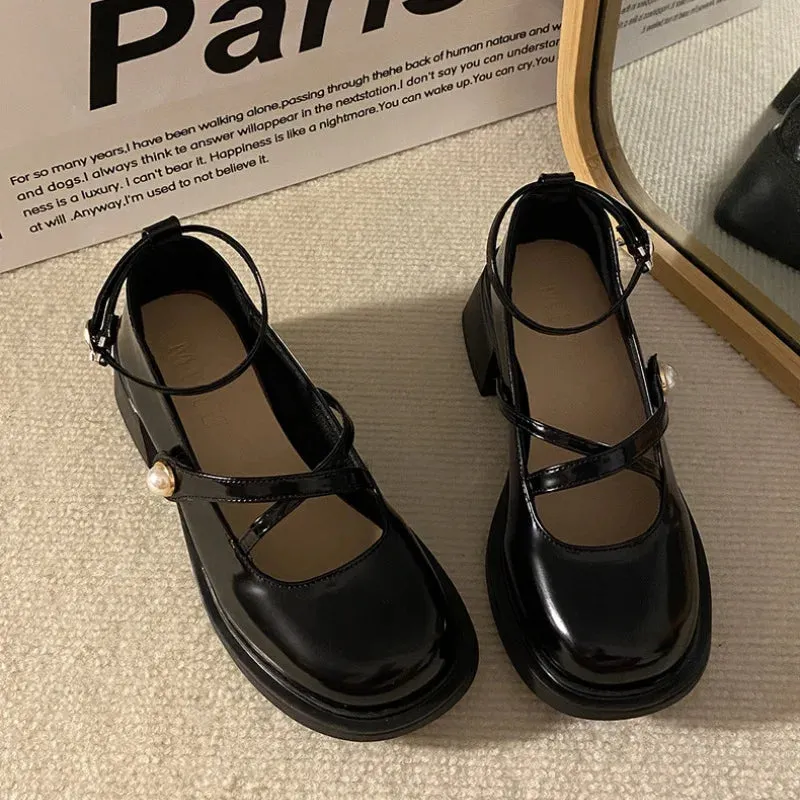 Women Loafers Retro Brown Mary Jane Shoes Women Thick Heels Ankle Buckle Lolita Shoes Woman Uniform Pu Leather Pumps Shoe Female