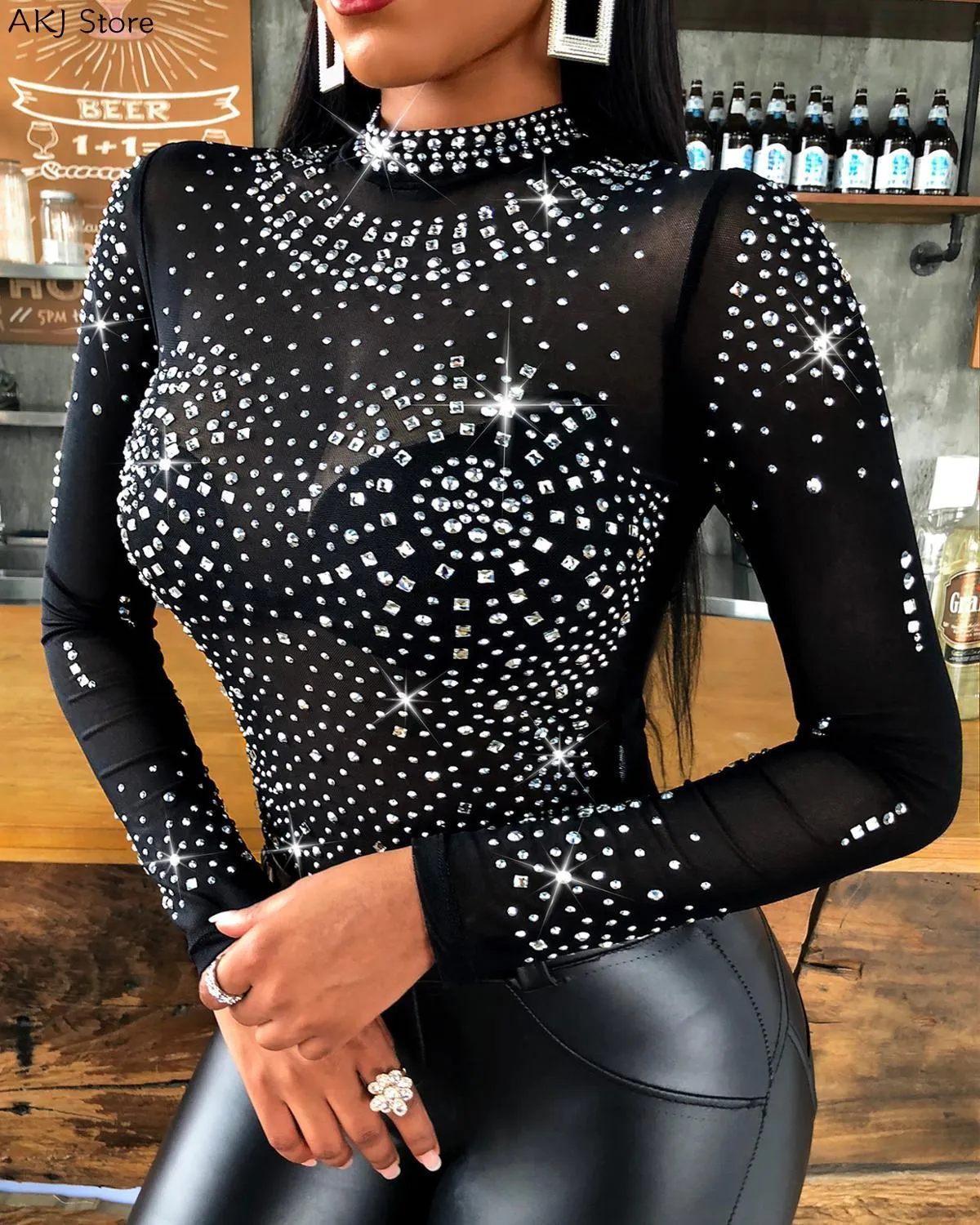 Women Shiny Rhinestone Studded Long Sleeve Mesh Bodysuit