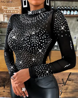 Women Shiny Rhinestone Studded Long Sleeve Mesh Bodysuit