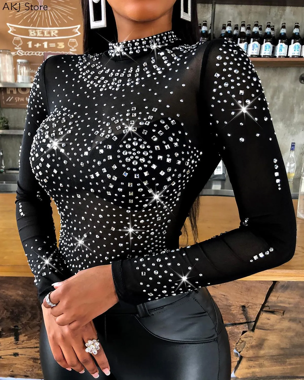 Women Shiny Rhinestone Studded Long Sleeve Mesh Bodysuit